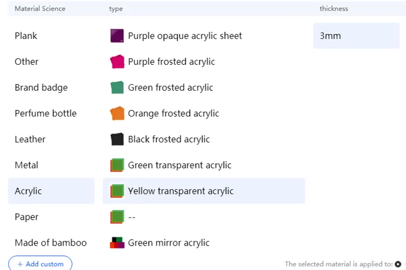 Eine Übersicht der eingespeicherten Materialien der Falcon Design Space Software.