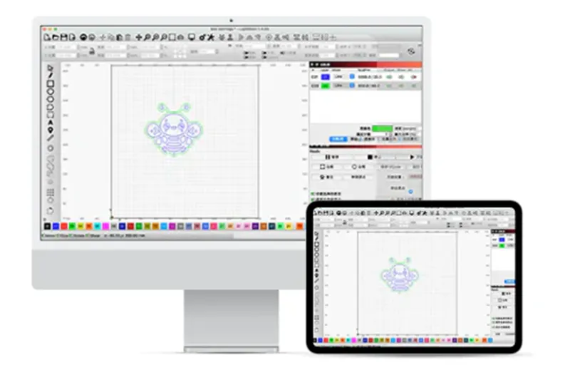 Die Falcon Design Space Software ist auf einem Mac und einem Tablet geöffnet.