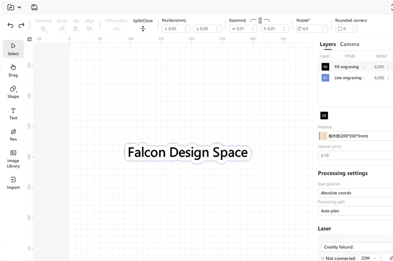 Die Benutzeroberfläche von Falcon Design Space wird gezeigt,