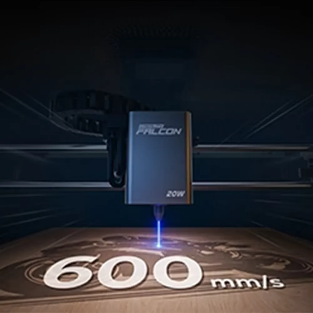 mit einer beeindruckenden Geschwindigkeit von 600mm/s können Sie mit dem Falcon A1 Pro viele unterschiedliche Materialien verarbeiten.