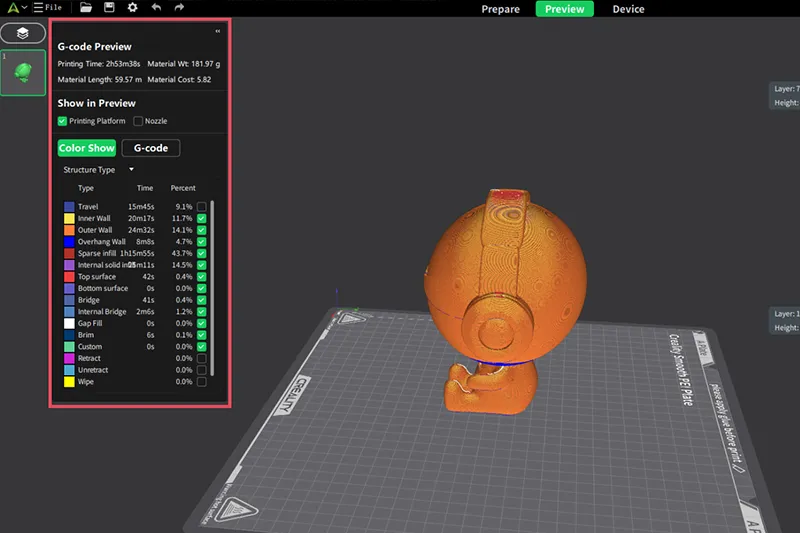 In der 3D-Drucker-Software Creality Print können Sie Ihre Modelle anpassen und als Vorschau anzeigen lassen.