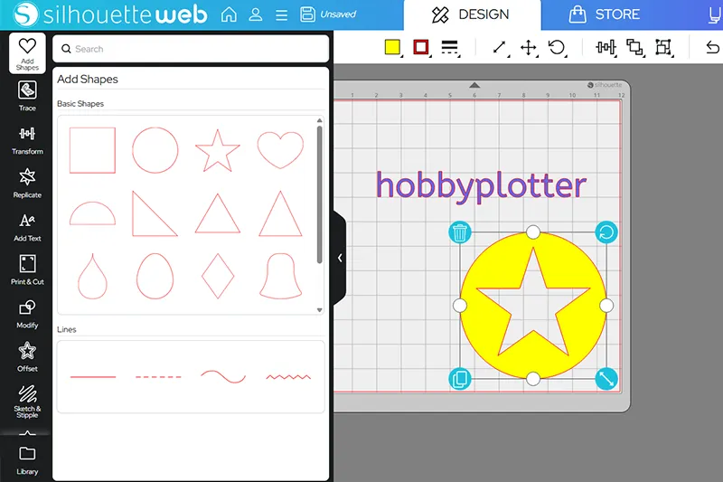 In der Silhouette Web Anwendung können Sie auf eine Vielzahl an Standard Formen zugreifen, welche Sie nach belieben anpassen können.