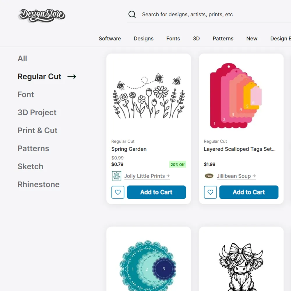 Im Silhouette Design Store haben Sie Zugriff auf eine Vielzahl von Designs und Schriftarten. Je nach Motiv sind diese entweder kostenpflichtig oder kostenlos erhältlich.