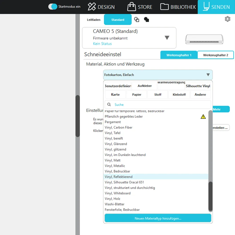 In der Silhouette Software können Sie aus unterschiedlichen Einstellungsmöglichkeiten und Materialien wählen. Natürlich können Sie auch ihre eigenen Einstellungen einspeichern.