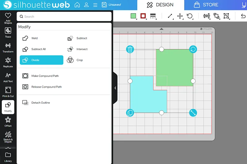 In der Silhouette Web Software können Sie auch auf die gewohnten Modifizierungs-Werkzeuge zugreifen.