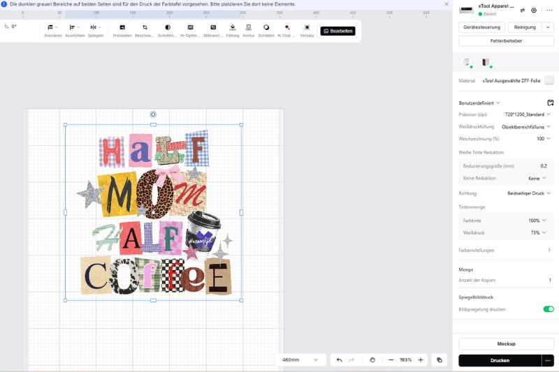 xTool Studio DTF Design übertragen