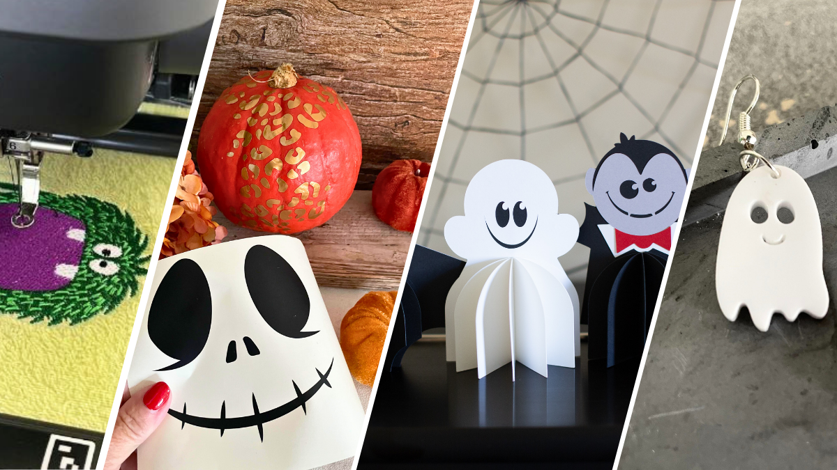 Das Bild zeigt verschiedene Halloween Ideen, wie einen beplotteten Kürbis, Tischdeko, gelaserte Ohrringe und mehr