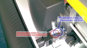 Werkzeughalter des Hobbyplotter CE6000-40 mit den zwei Positionen, vorne kann Fotokarton und Cardstock ohne Schneidematte geschnitten werden